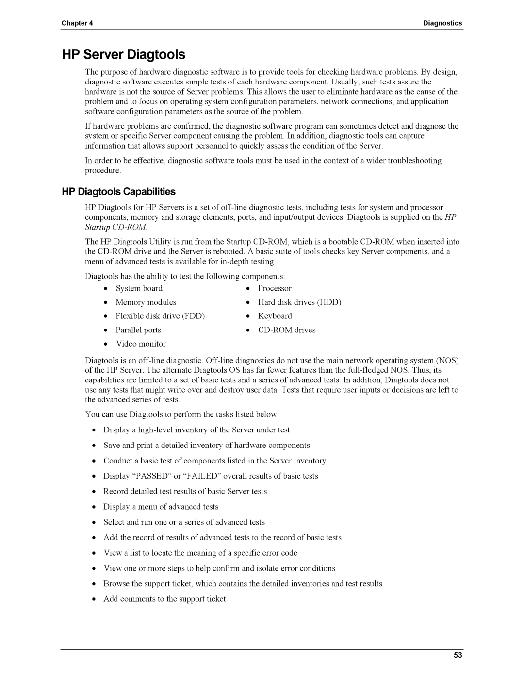 HP Server tc2110 manual HP Server Diagtools, HP Diagtools Capabilities 