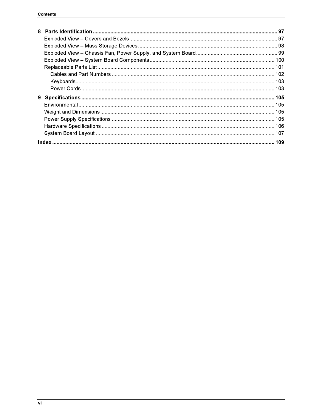 HP Server tc2110 manual 105, 109 