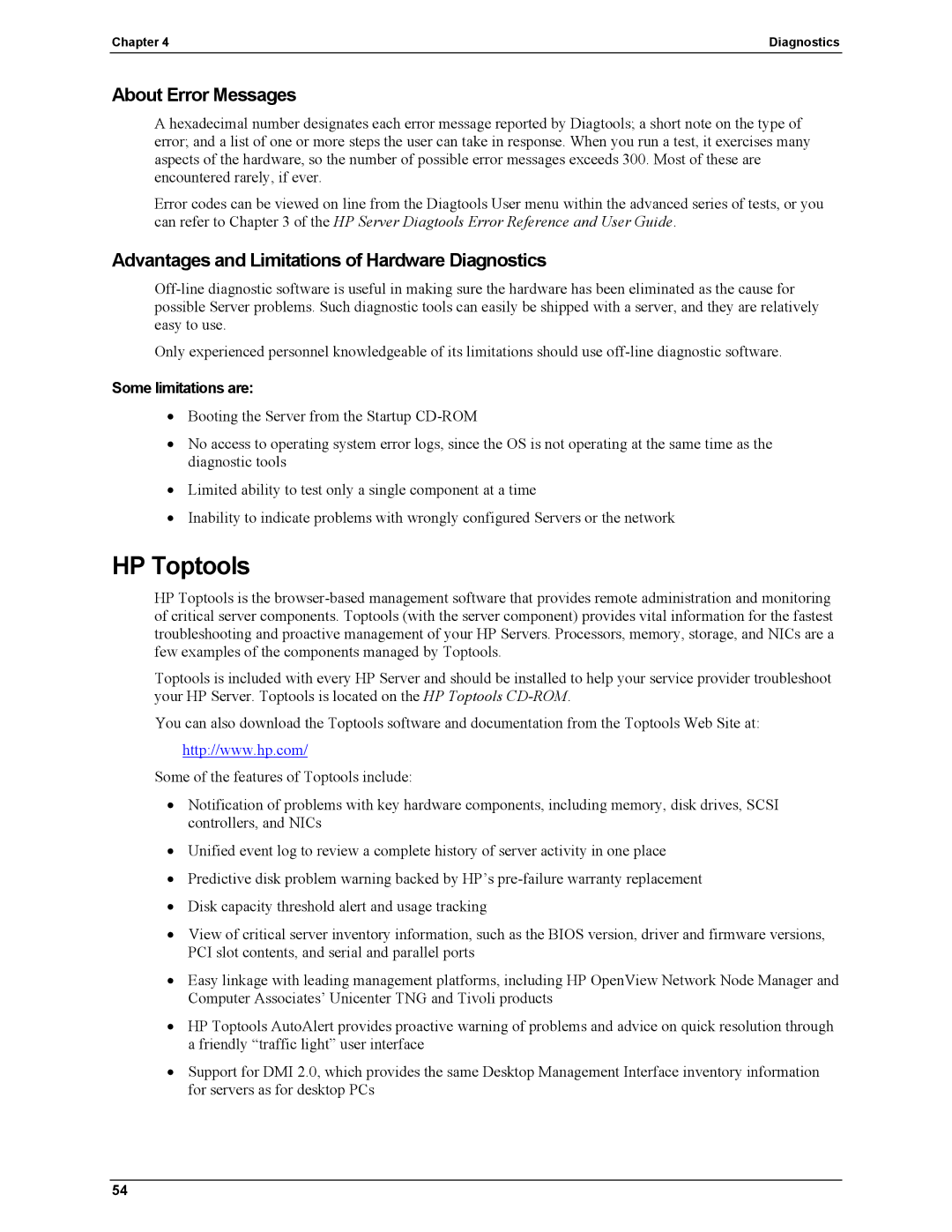 HP Server tc2110 manual HP Toptools, About Error Messages, Advantages and Limitations of Hardware Diagnostics 