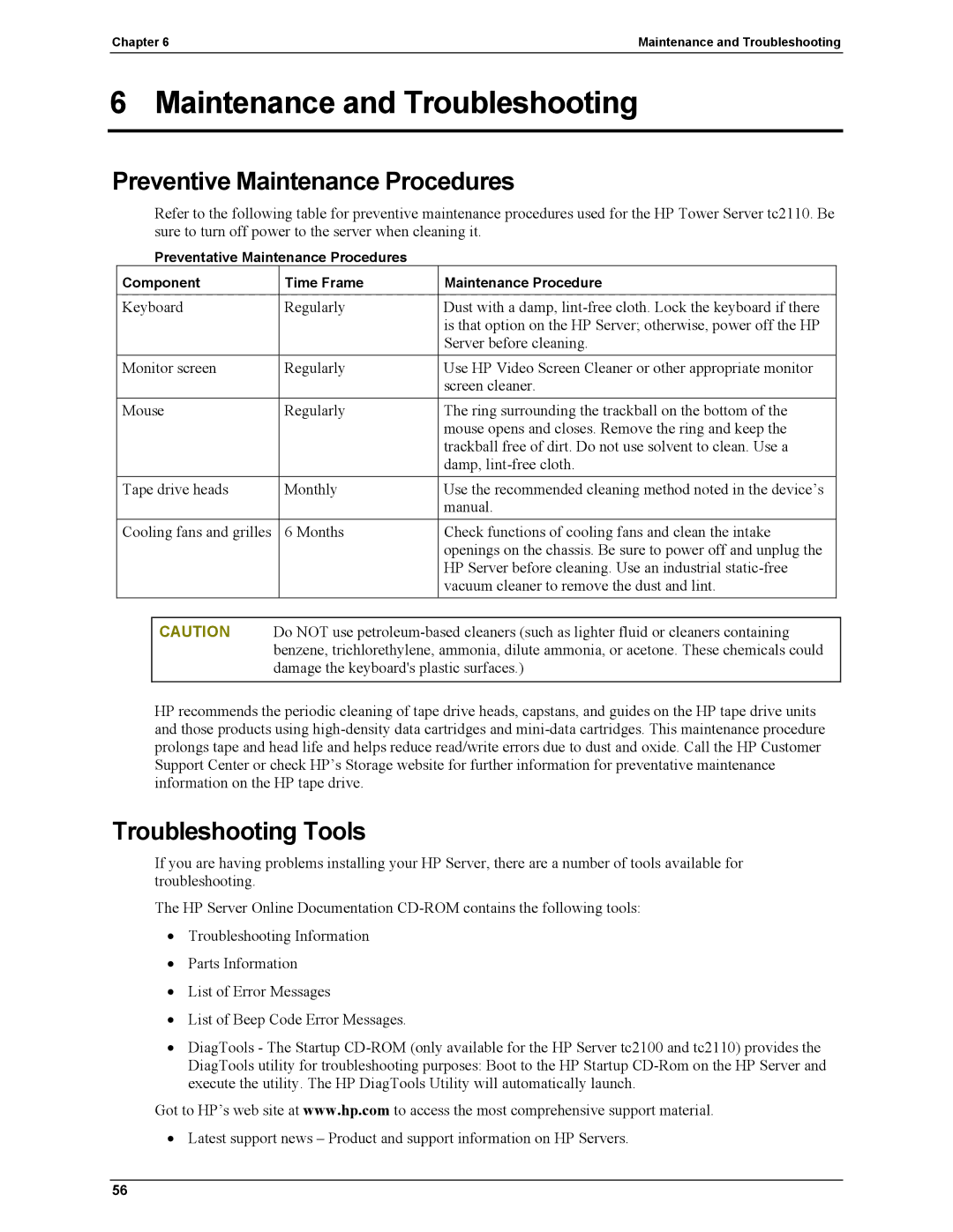 HP Server tc2110 manual Maintenance and Troubleshooting, Preventive Maintenance Procedures, Troubleshooting Tools 