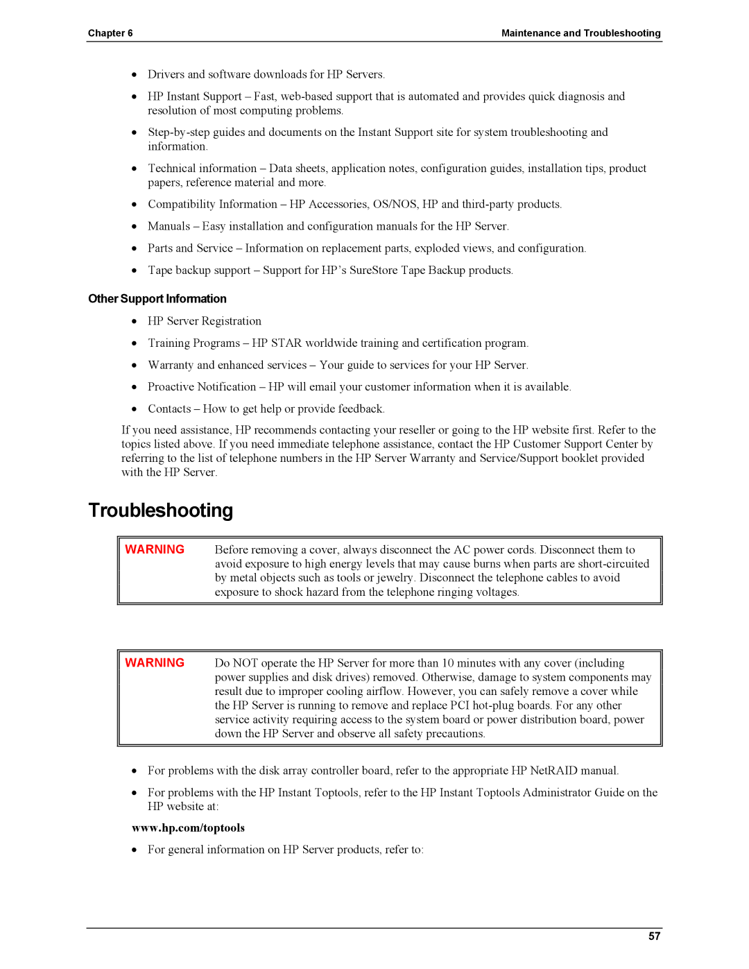 HP Server tc2110 manual Troubleshooting, Other Support Information 