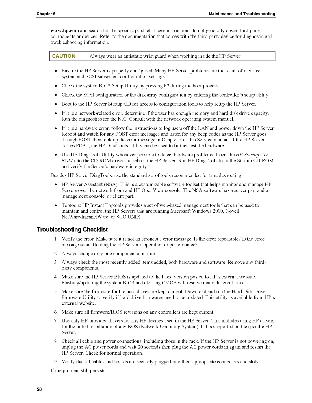 HP Server tc2110 manual Troubleshooting Checklist 