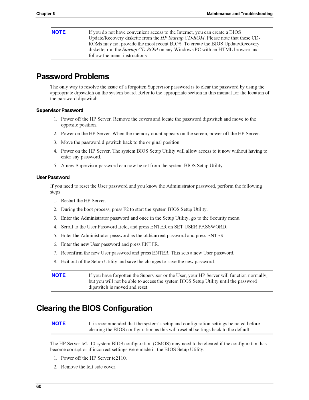 HP Server tc2110 manual Password Problems, Clearing the Bios Configuration, Supervisor Password, User Password 