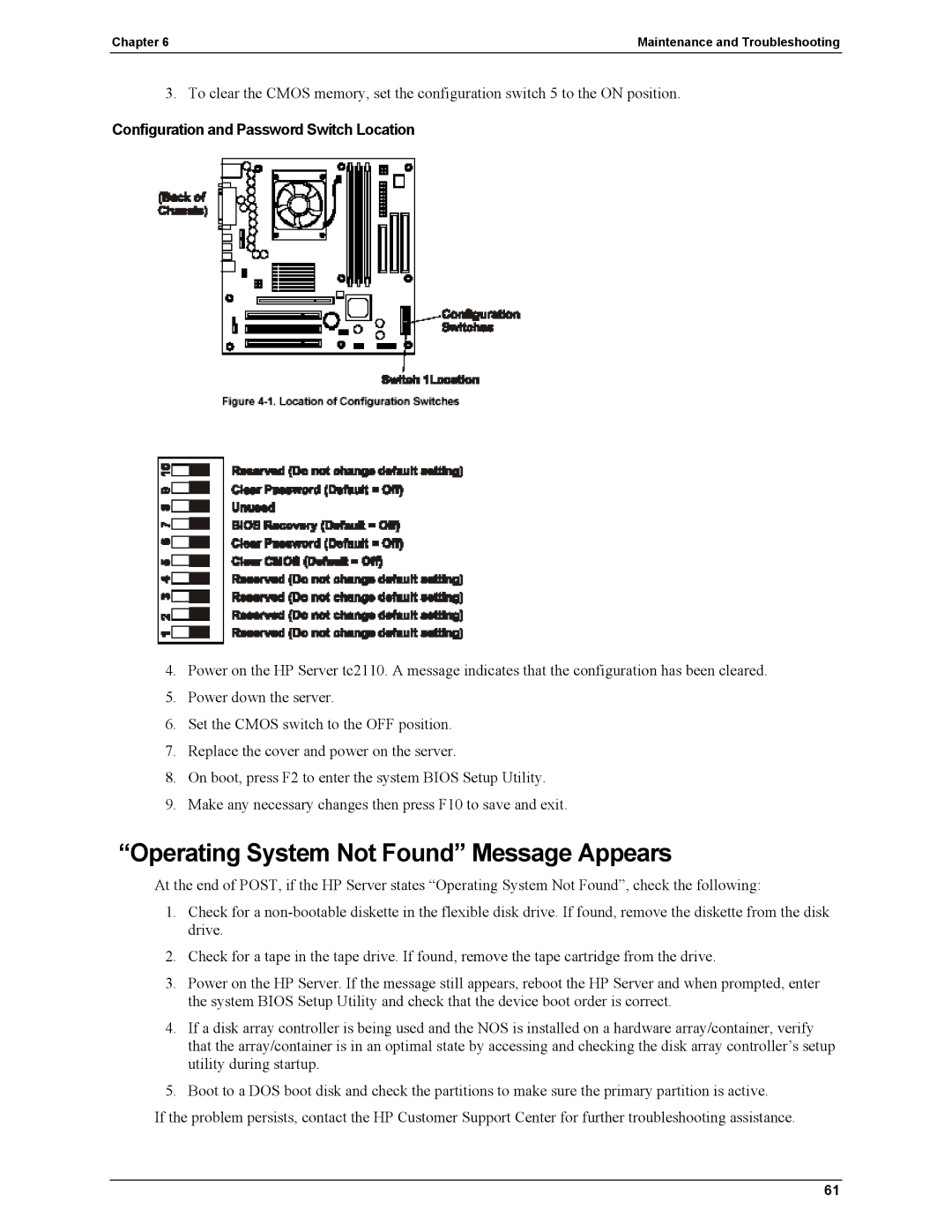 HP Server tc2110 manual Operating System Not Found Message Appears, Configuration and Password Switch Location 