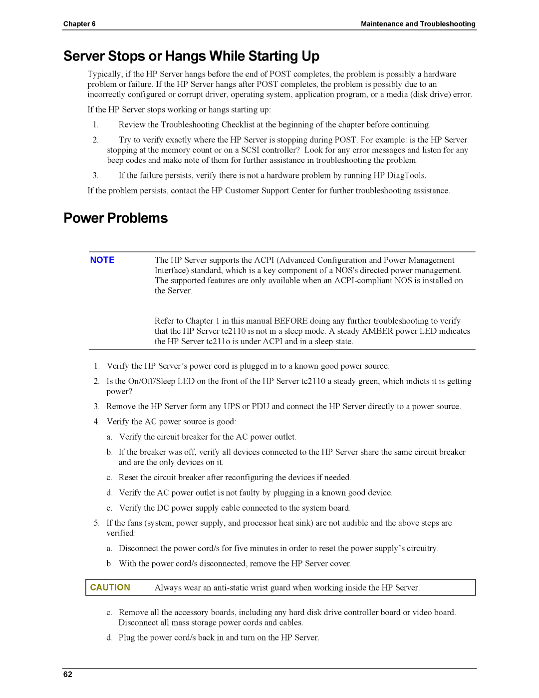 HP Server tc2110 manual Server Stops or Hangs While Starting Up, Power Problems 