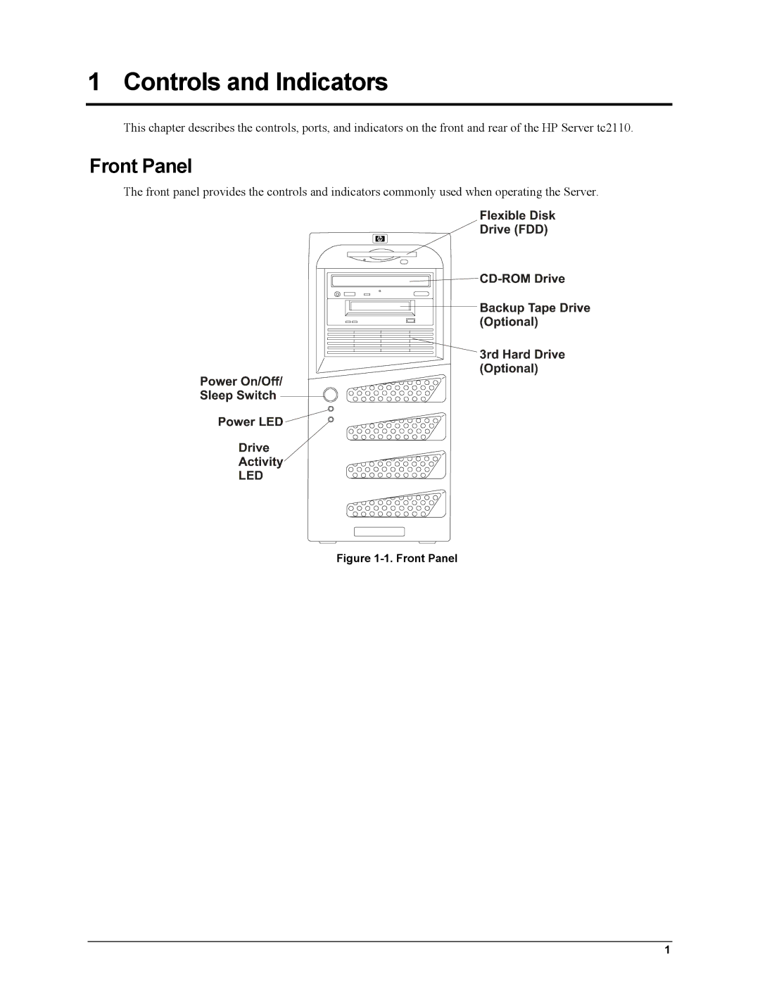 HP Server tc2110 manual Controls and Indicators, Front Panel 