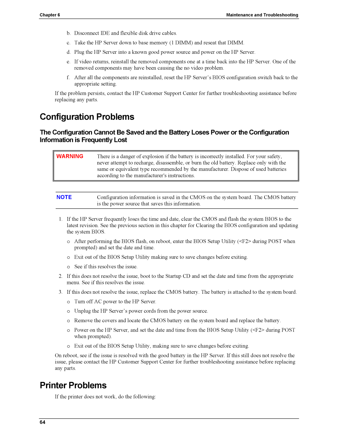 HP Server tc2110 manual Configuration Problems, Printer Problems 