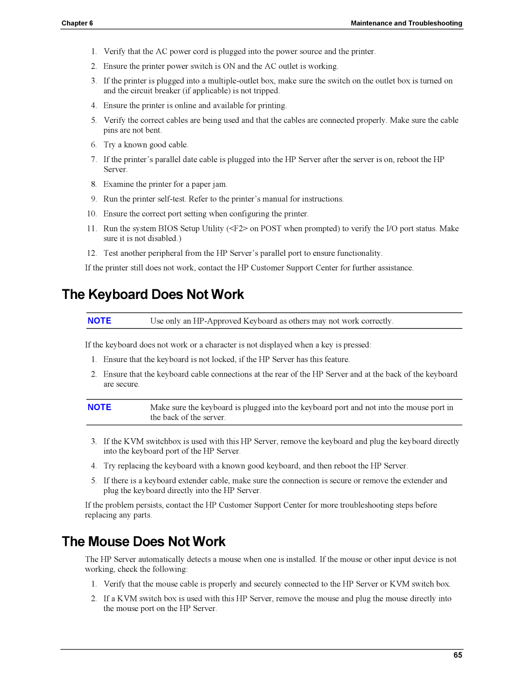 HP Server tc2110 manual Keyboard Does Not Work, Mouse Does Not Work 