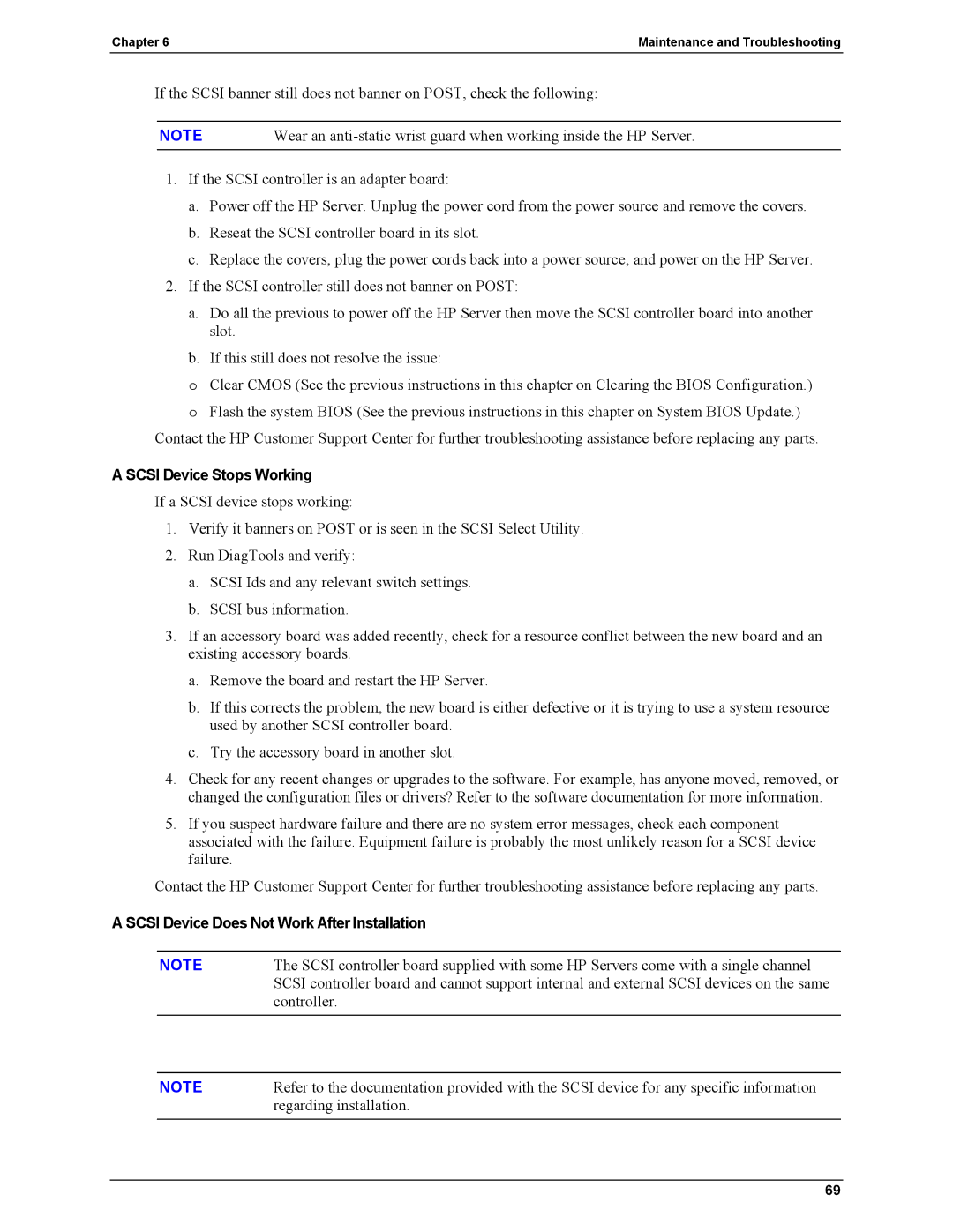 HP Server tc2110 manual Scsi Device Stops Working, Scsi Device Does Not Work After Installation 