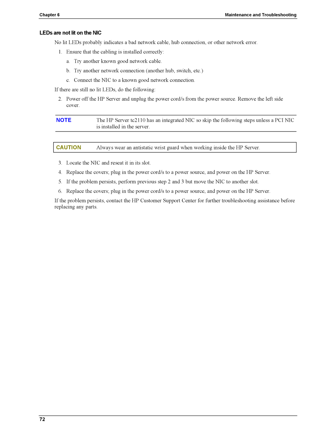 HP Server tc2110 manual LEDs are not lit on the NIC 