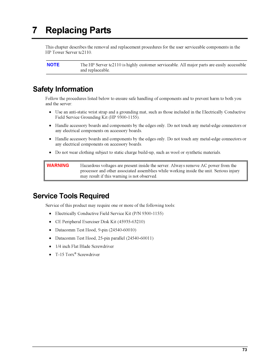 HP Server tc2110 manual Replacing Parts, Safety Information, Service Tools Required 