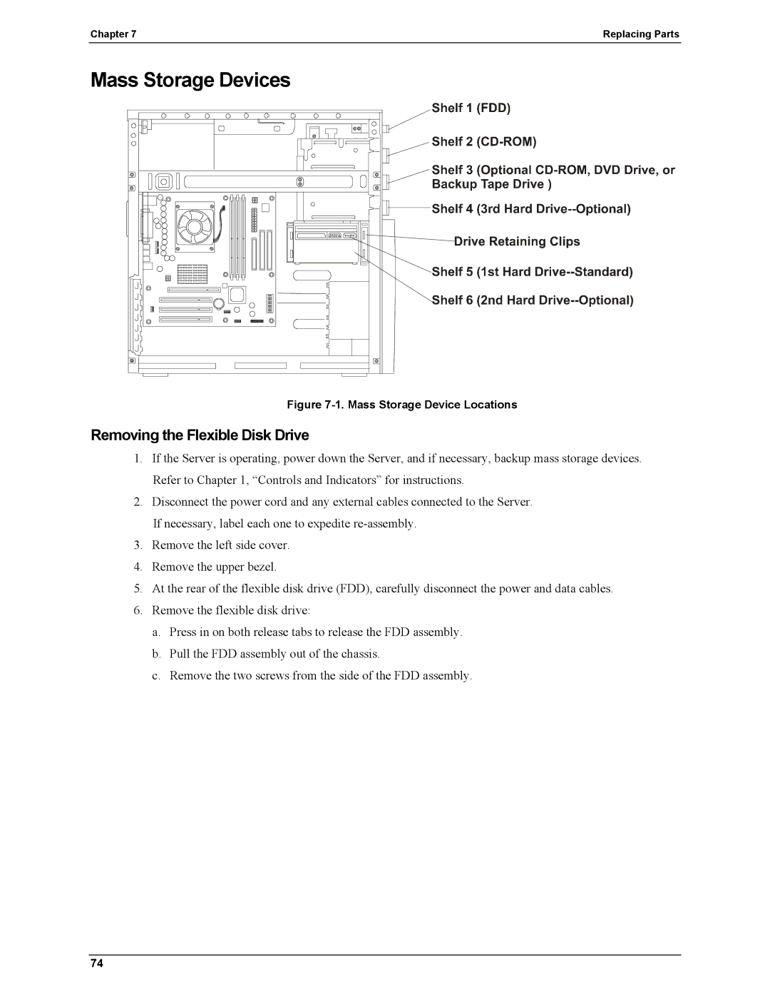 HP Server tc2110 manual Mass Storage Devices, Removing the Flexible Disk Drive 