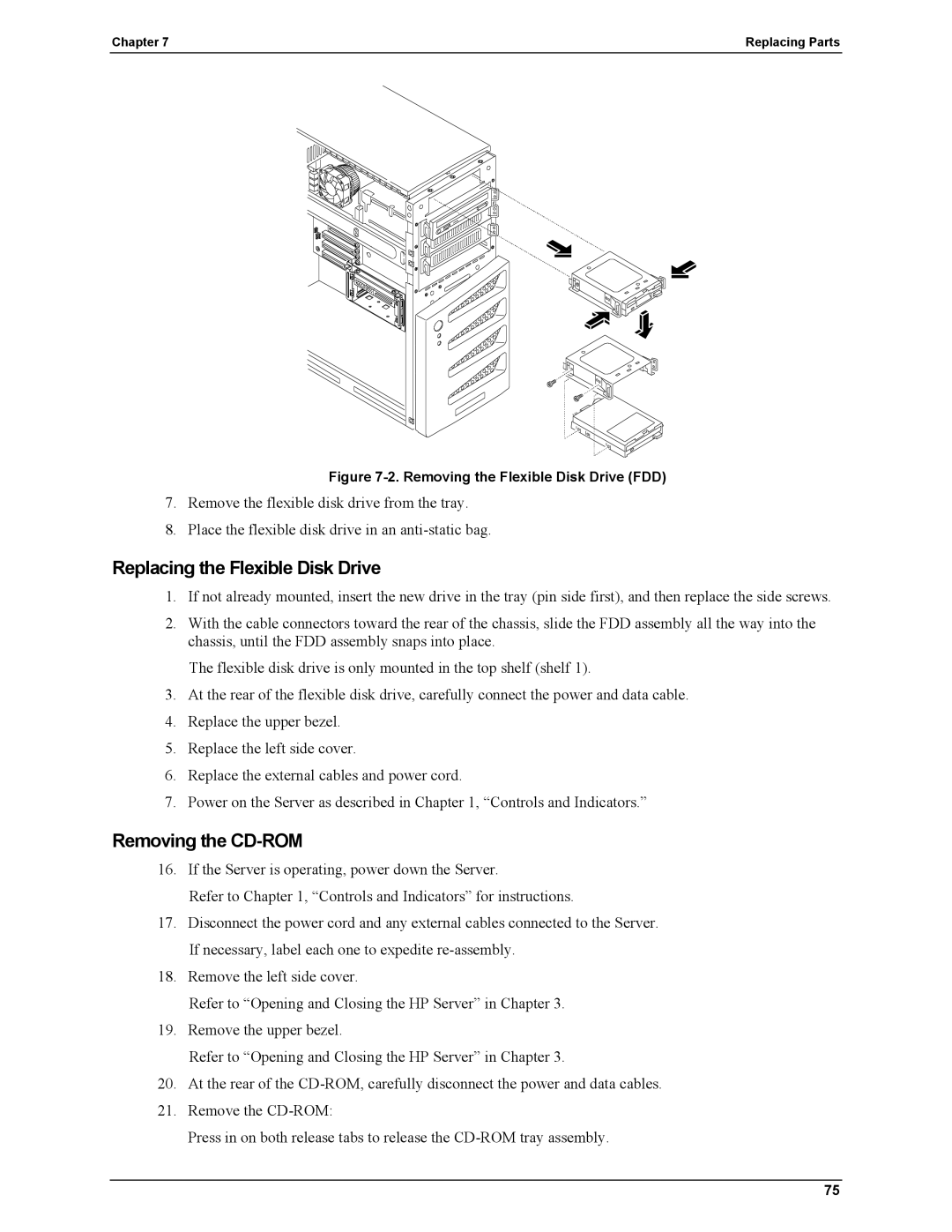 HP Server tc2110 manual Replacing the Flexible Disk Drive, Removing the CD-ROM 