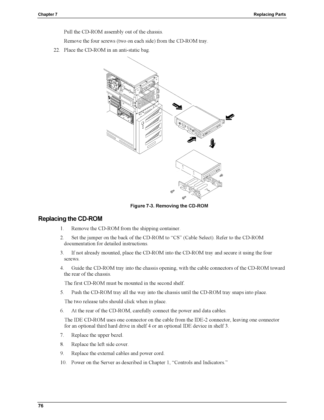 HP Server tc2110 manual Replacing the CD-ROM, Removing the CD-ROM 