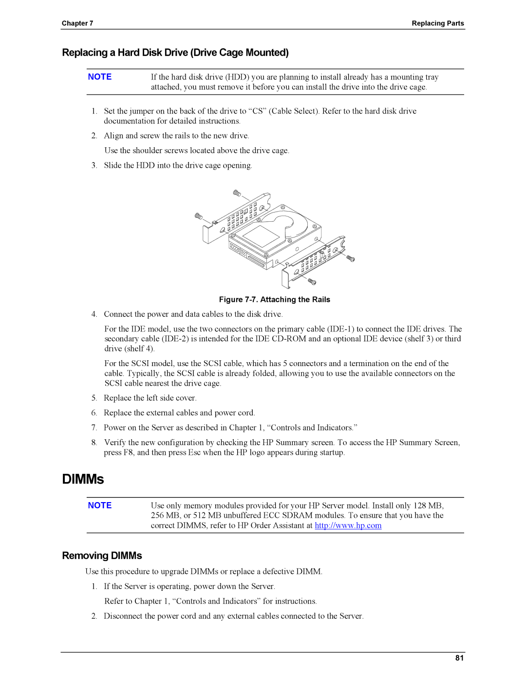 HP Server tc2110 manual DIMMs, Replacing a Hard Disk Drive Drive Cage Mounted 