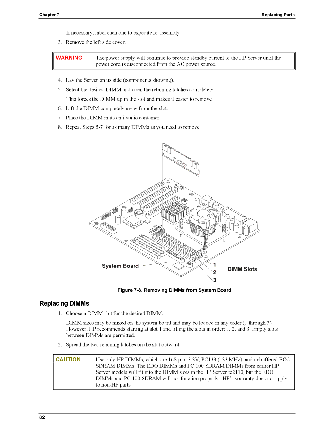 HP Server tc2110 manual Replacing DIMMs, Removing DIMMs from System Board 