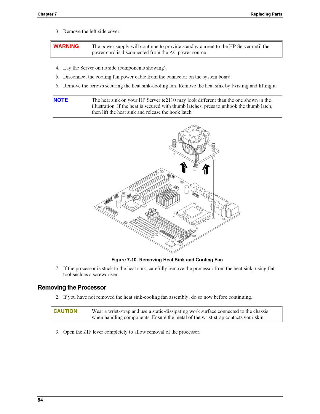 HP Server tc2110 manual Removing Heat Sink and Cooling Fan 