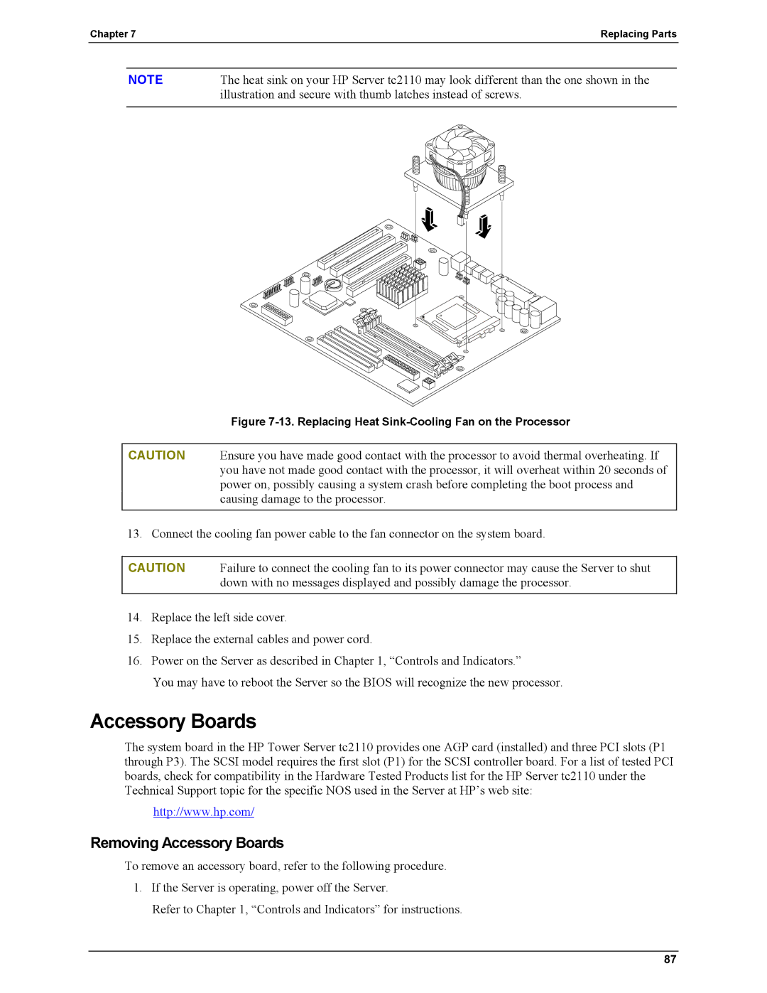 HP Server tc2110 manual Replacing Heat Sink-Cooling Fan on the Processor 