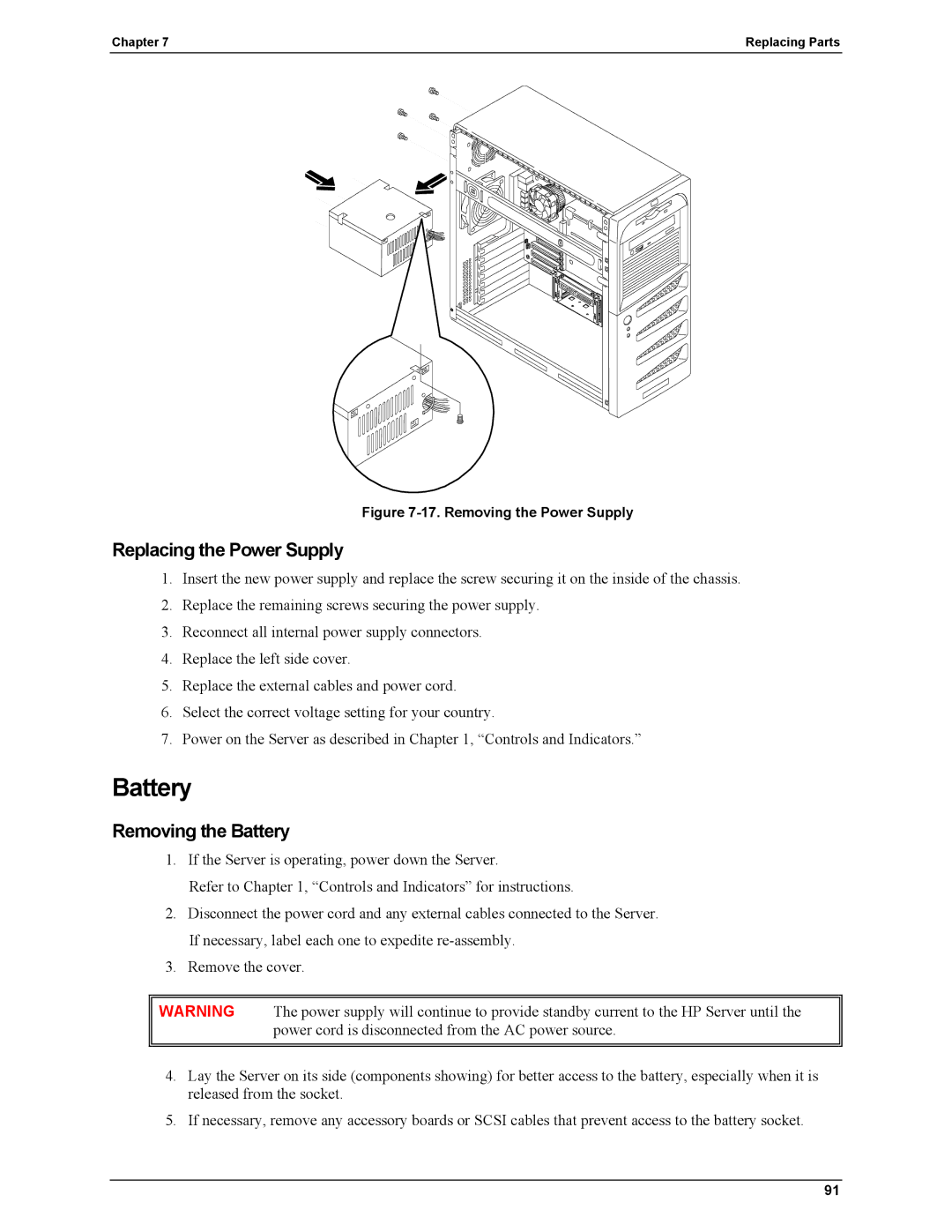 HP Server tc2110 manual Replacing the Power Supply, Removing the Battery 