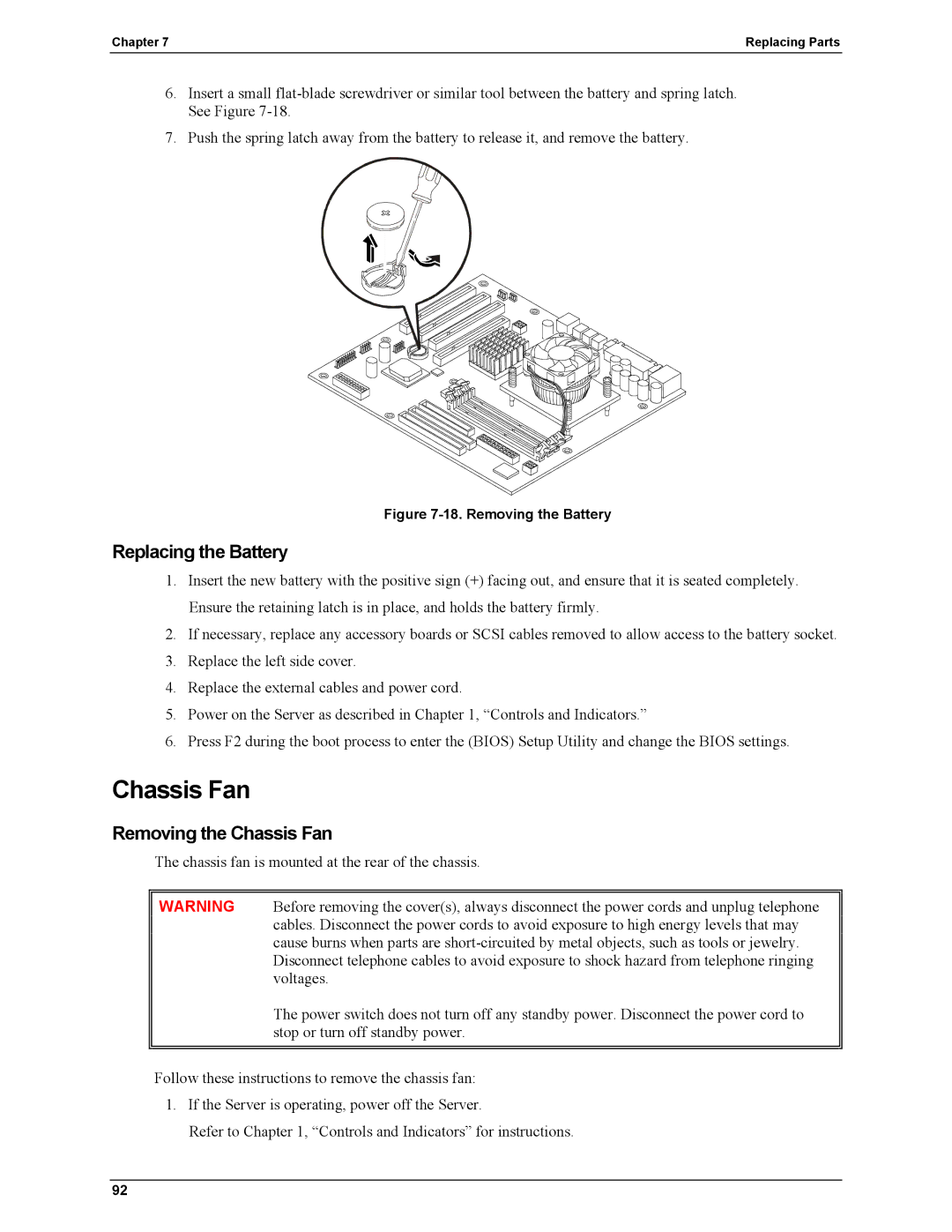 HP Server tc2110 manual Replacing the Battery, Removing the Chassis Fan 