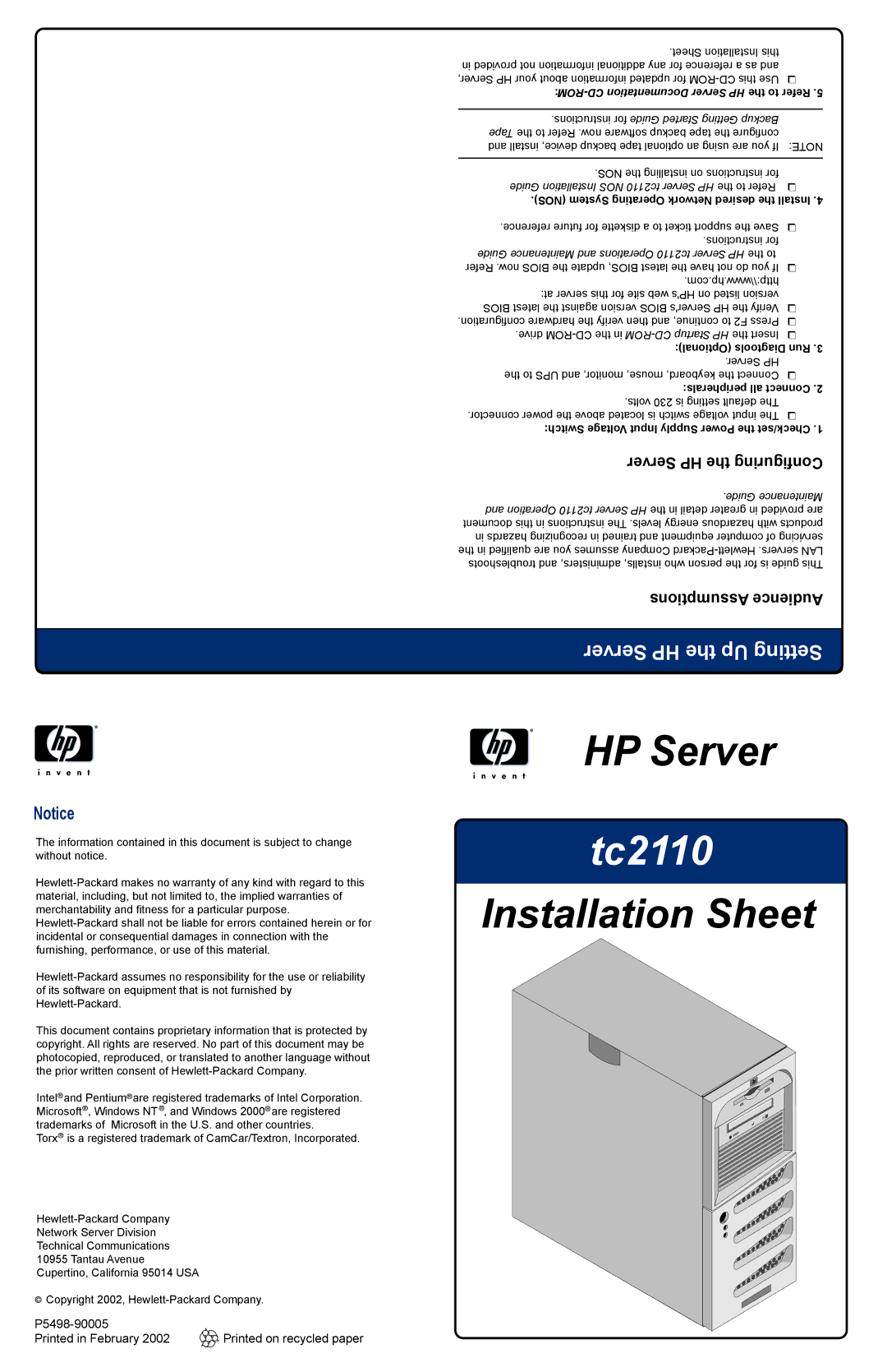 HP Server tc2110 manual Server HP the Up Setting, ROM-CD Documentation Server HP the to Refer 