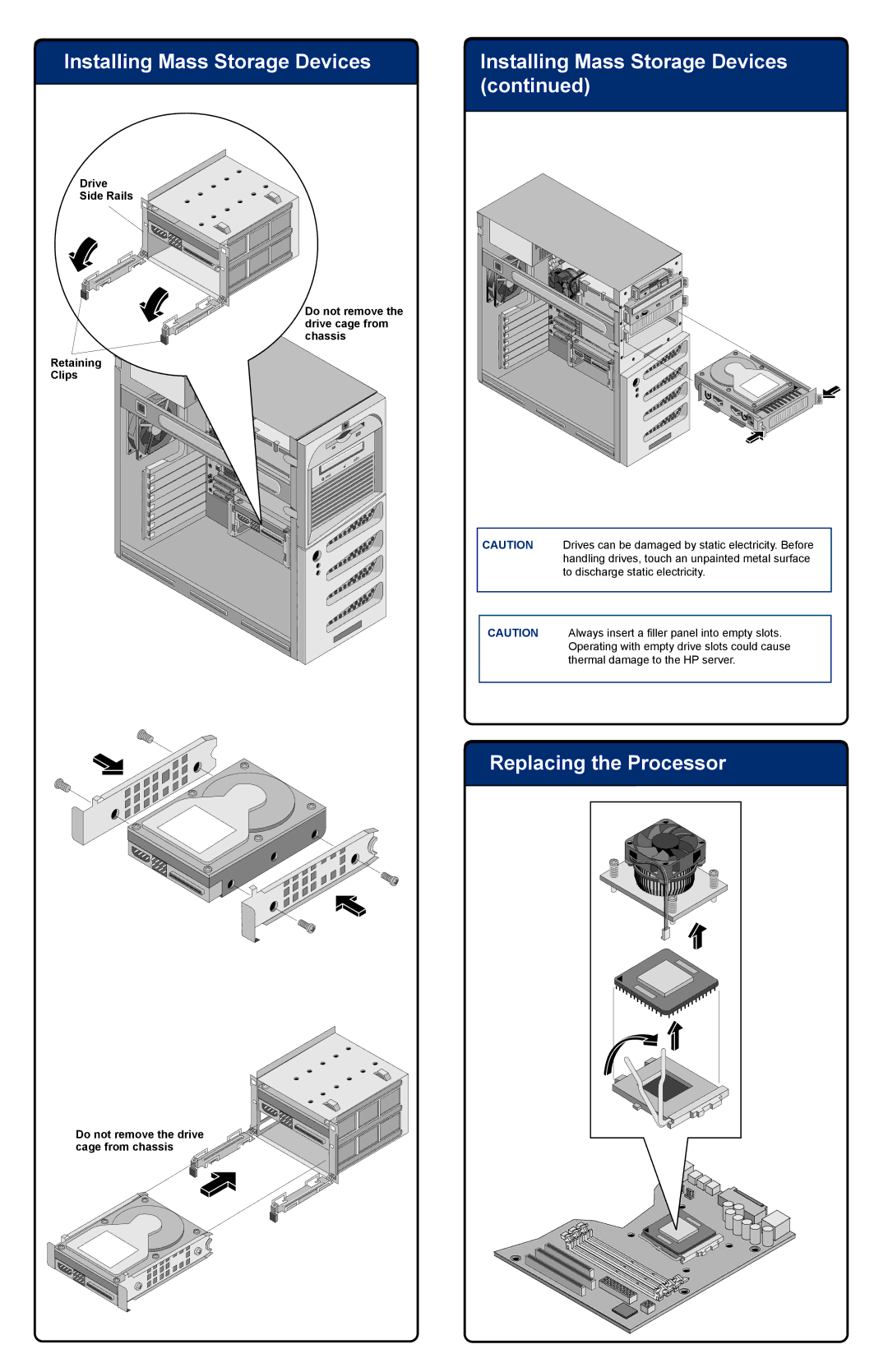 HP Server tc2110 manual Installing Mass Storage Devices, Replacing the Processor 