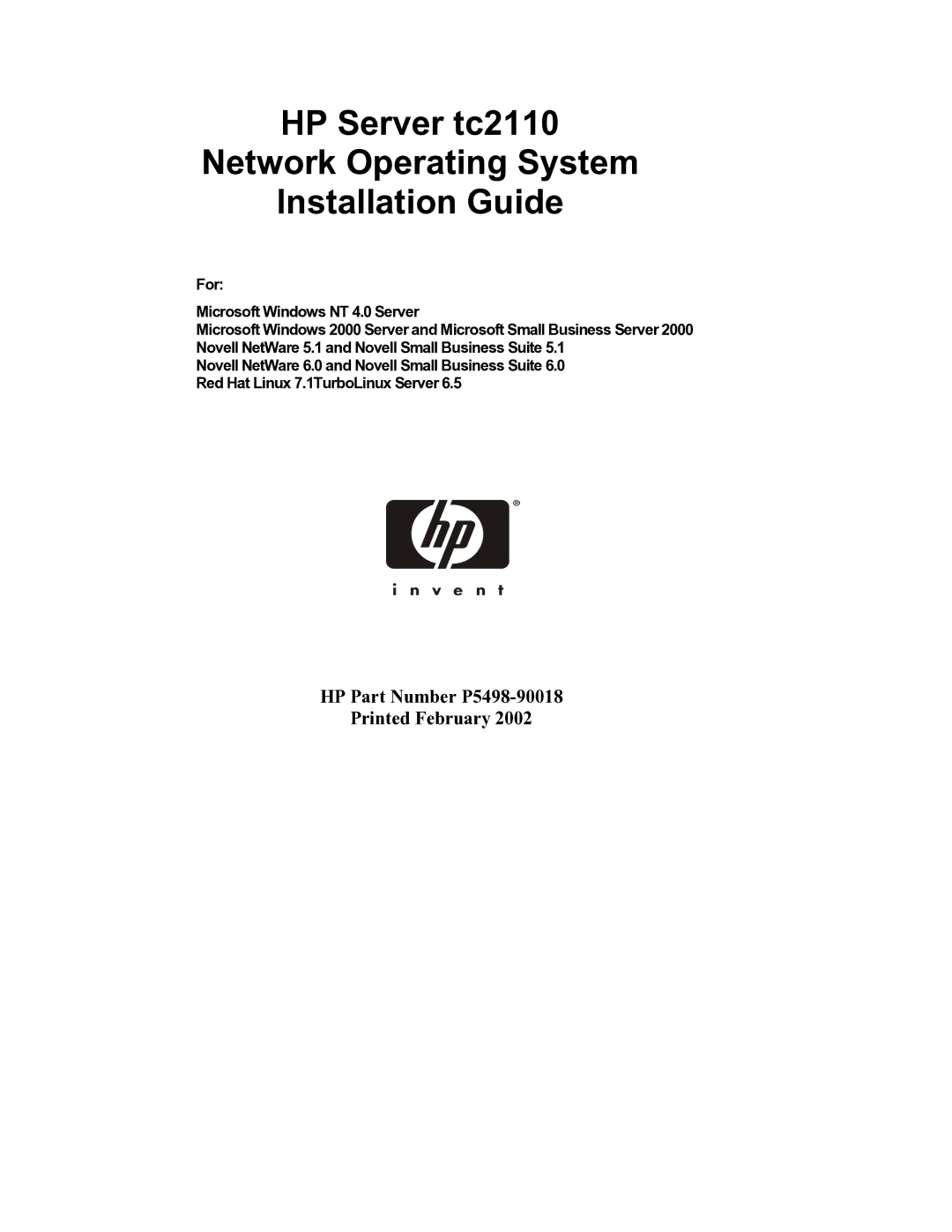 HP manual HP Server tc2110 Network Operating System Installation Guide 