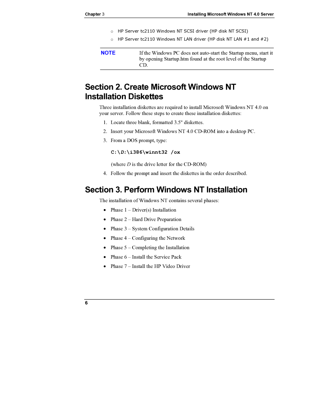 HP Server tc2110 manual Create Microsoft Windows NT Installation Diskettes, Perform Windows NT Installation 