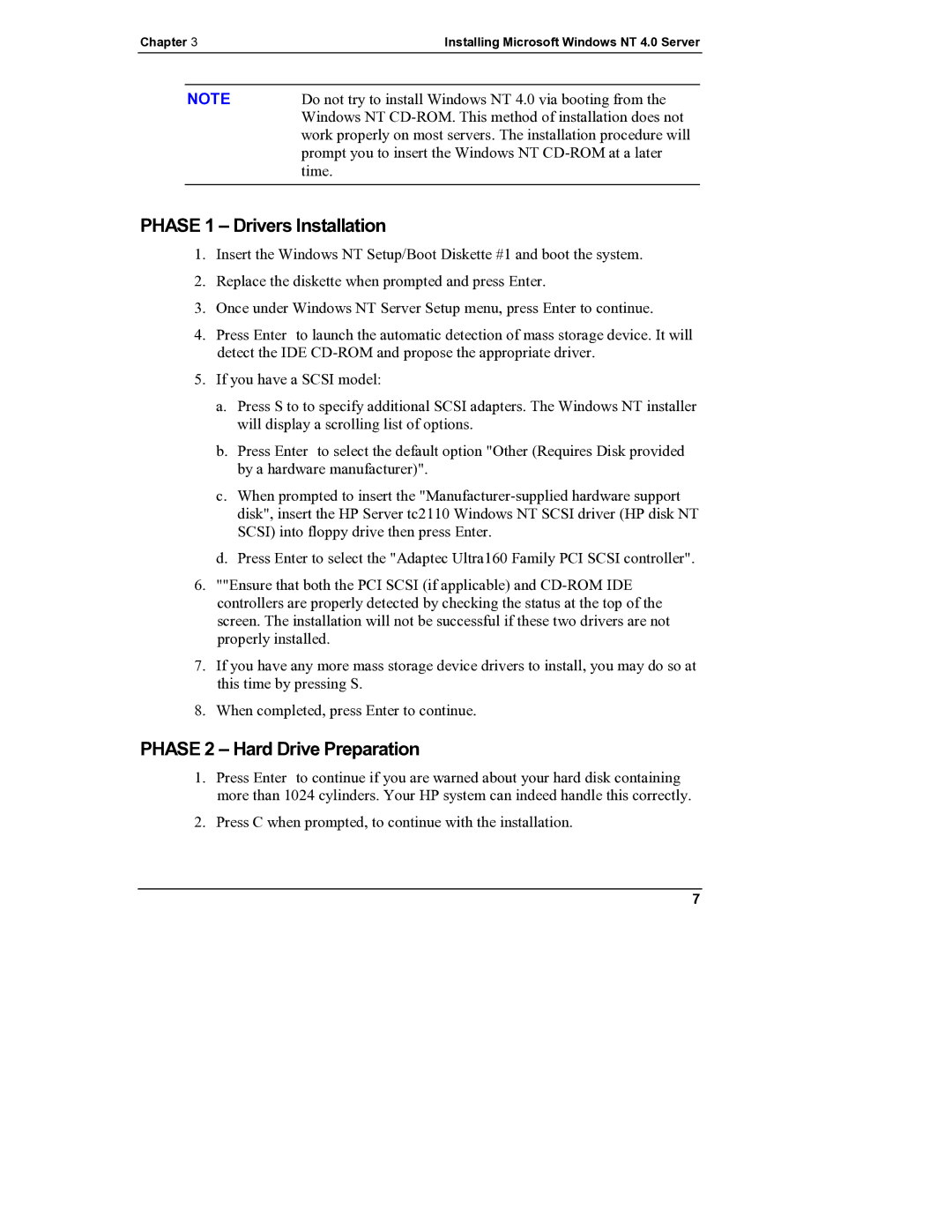 HP Server tc2110 manual Phase 1 Drivers Installation, Phase 2 Hard Drive Preparation 