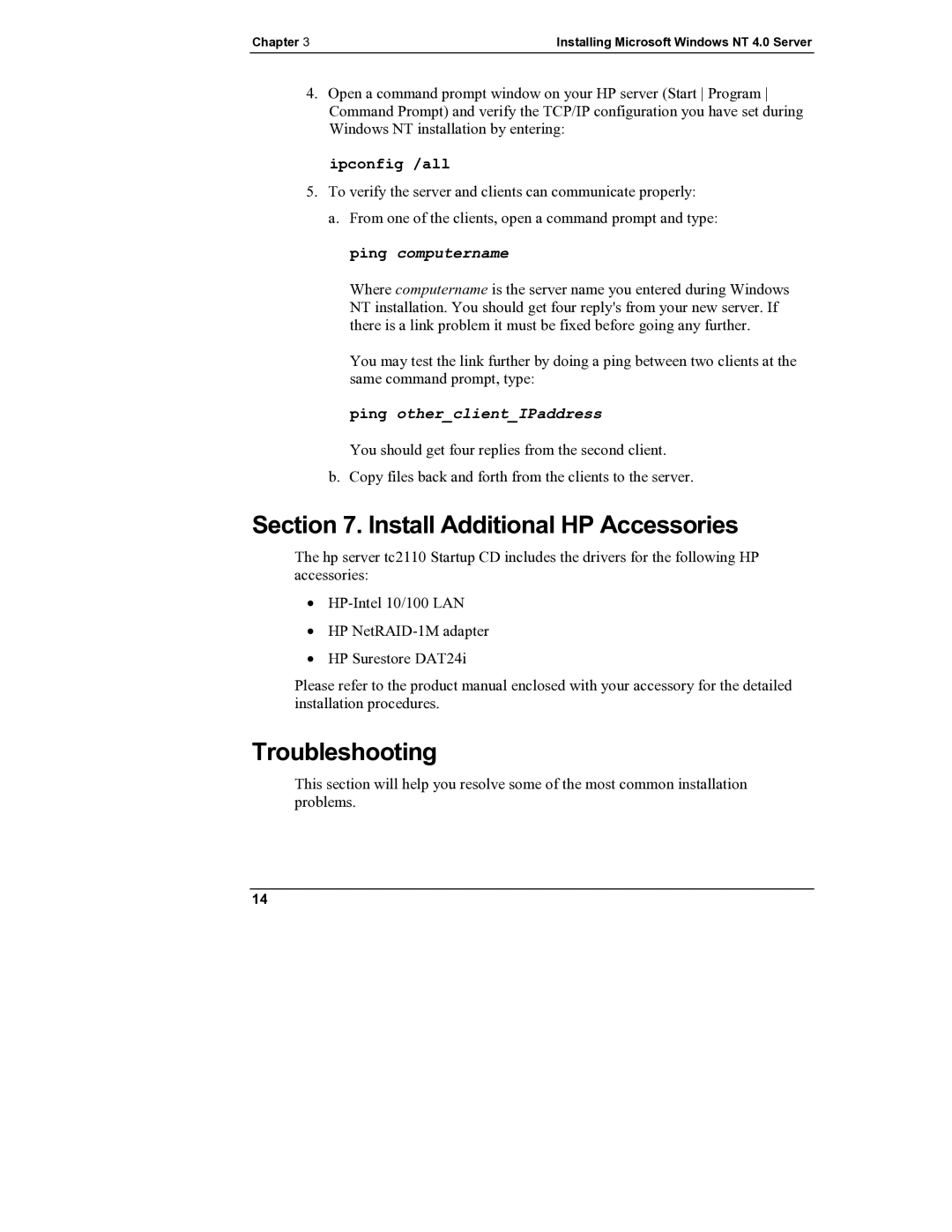 HP Server tc2110 manual Install Additional HP Accessories, Troubleshooting 