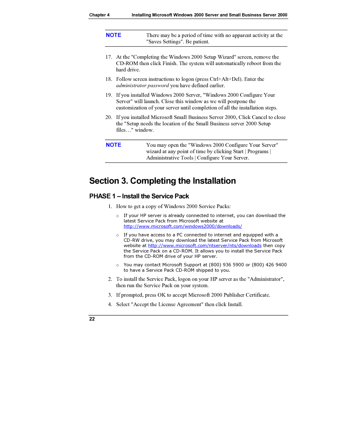 HP Server tc2110 manual Completing the Installation, Phase 1 Install the Service Pack 