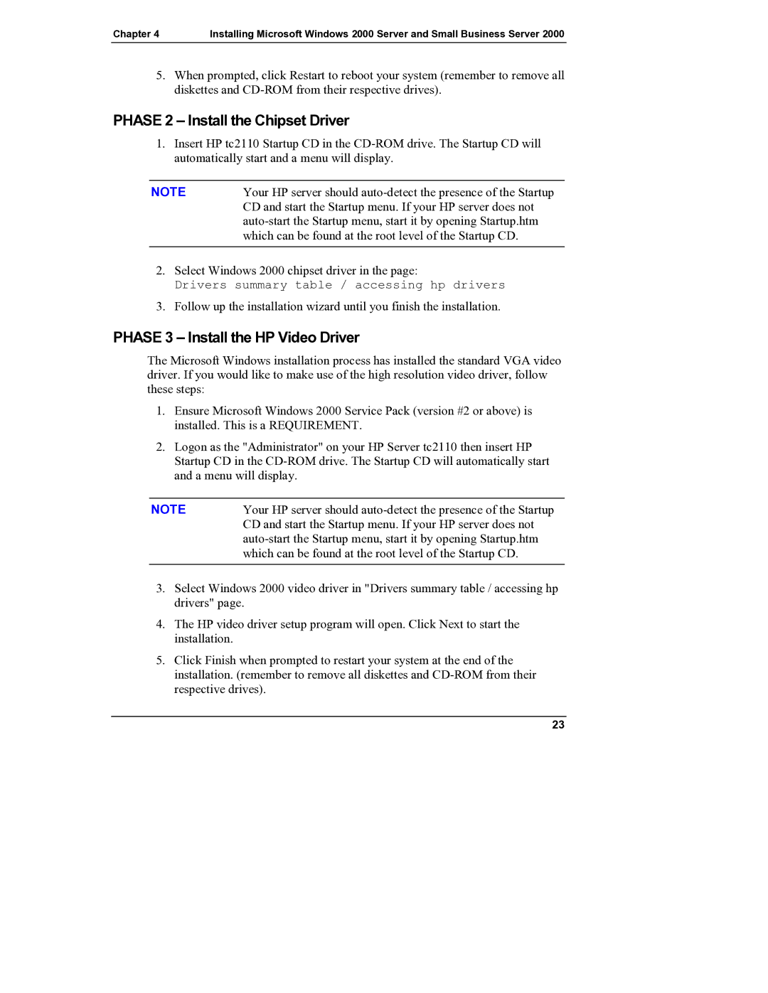 HP Server tc2110 manual Phase 2 Install the Chipset Driver, Phase 3 Install the HP Video Driver 