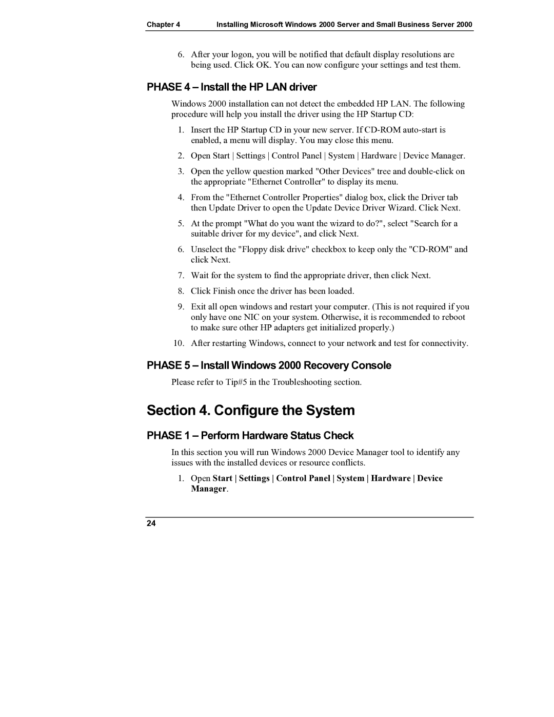 HP Server tc2110 Configure the System, Phase 4 Install the HP LAN driver, Phase 5 Install Windows 2000 Recovery Console 