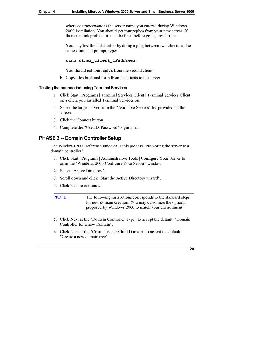 HP Server tc2110 manual Phase 3 -- Domain Controller Setup, Testing the connection using Terminal Services 