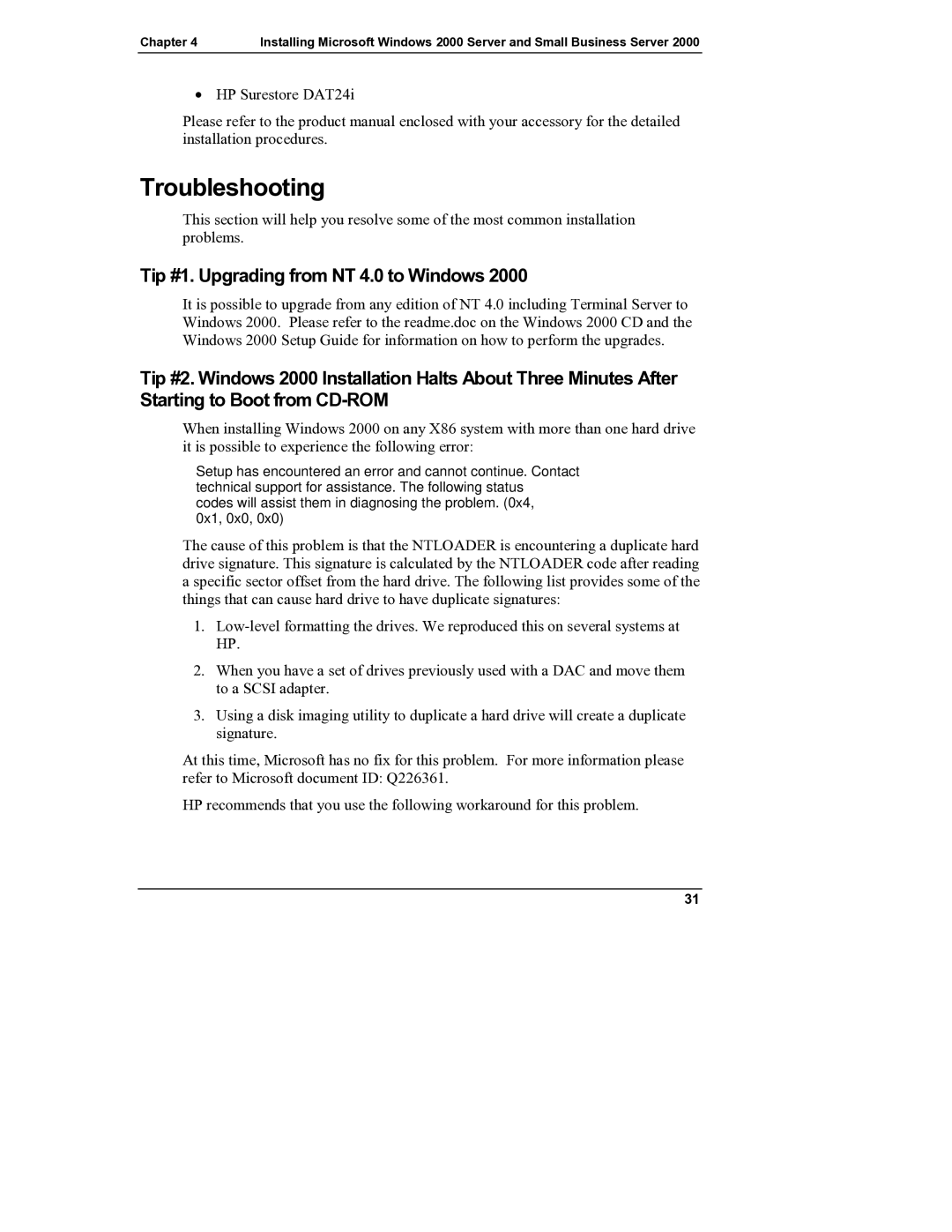 HP Server tc2110 manual Troubleshooting, Tip #1. Upgrading from NT 4.0 to Windows 