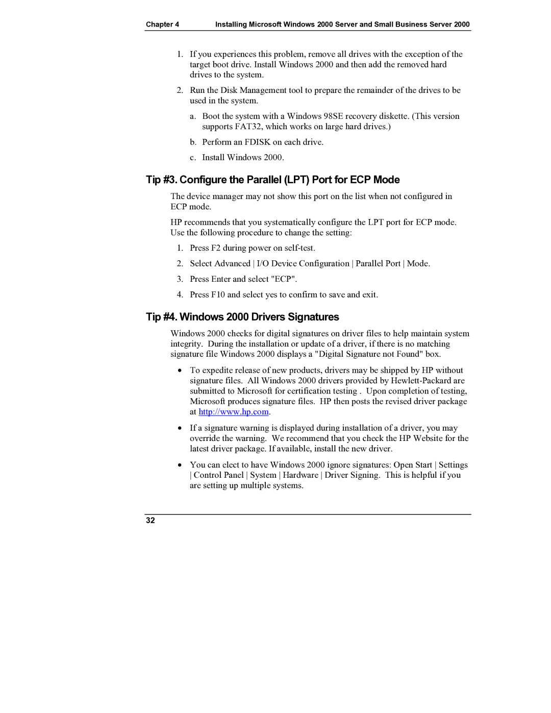 HP Server tc2110 manual Tip #3. Configure the Parallel LPT Port for ECP Mode, Tip #4. Windows 2000 Drivers Signatures 