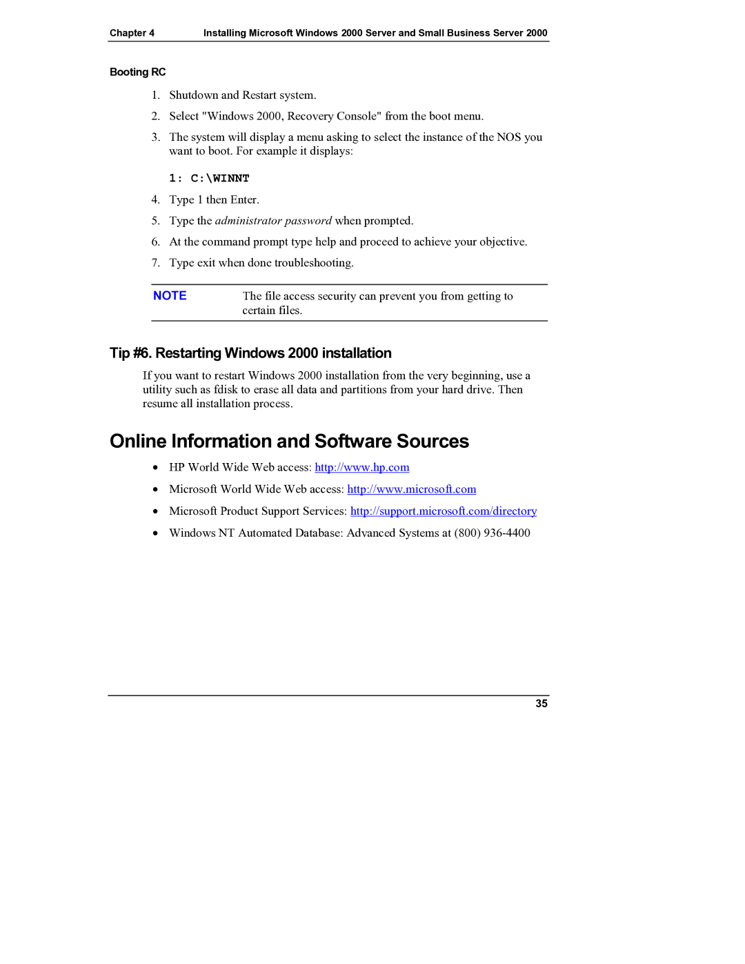 HP Server tc2110 manual Online Information and Software Sources, Tip #6. Restarting Windows 2000 installation 