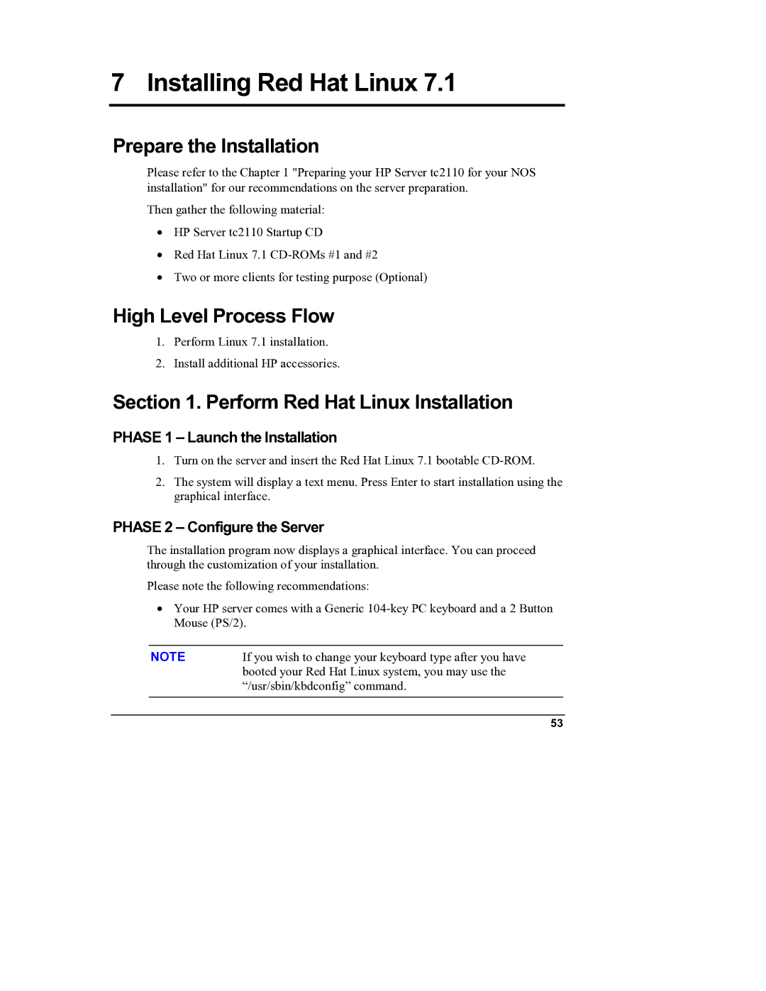 HP Server tc2110 manual Perform Red Hat Linux Installation, Phase 1 Launch the Installation, Phase 2 Configure the Server 