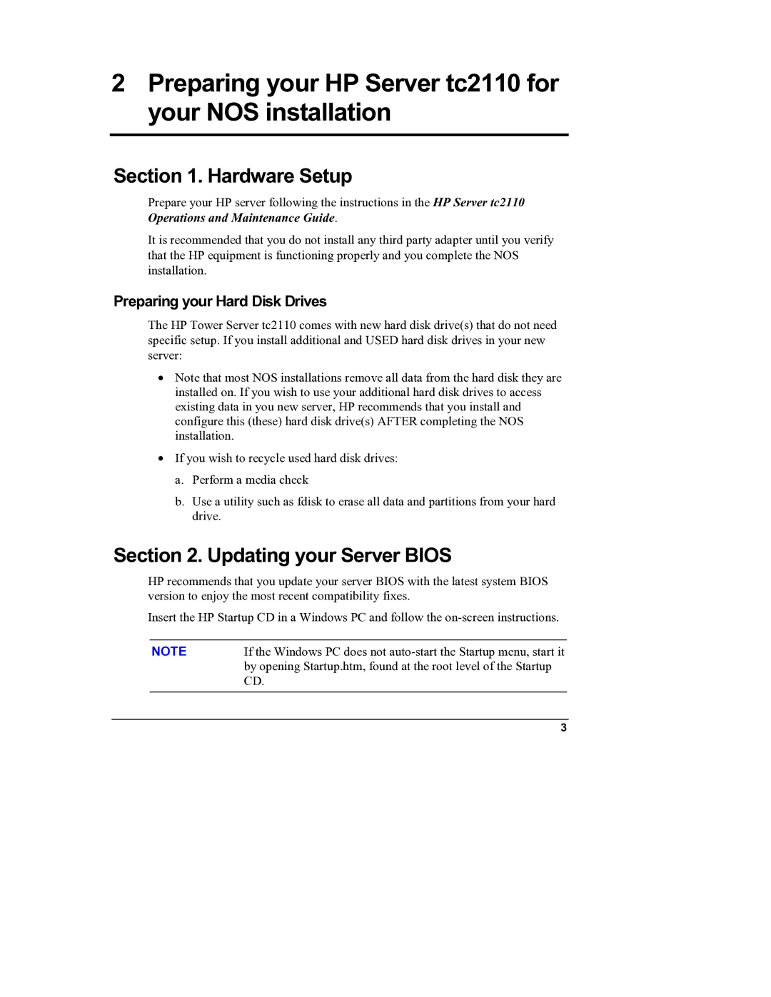 HP Server tc2110 manual Hardware Setup, Updating your Server Bios, Preparing your Hard Disk Drives 