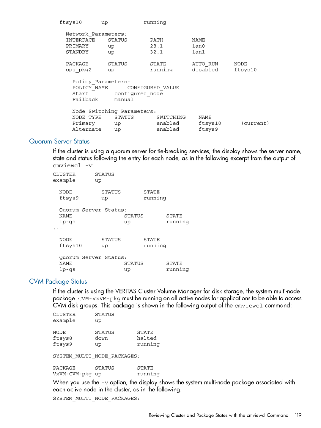 HP Serviceguard Extension for RAC (SGeRAC) manual Quorum Server Status, CVM Package Status 