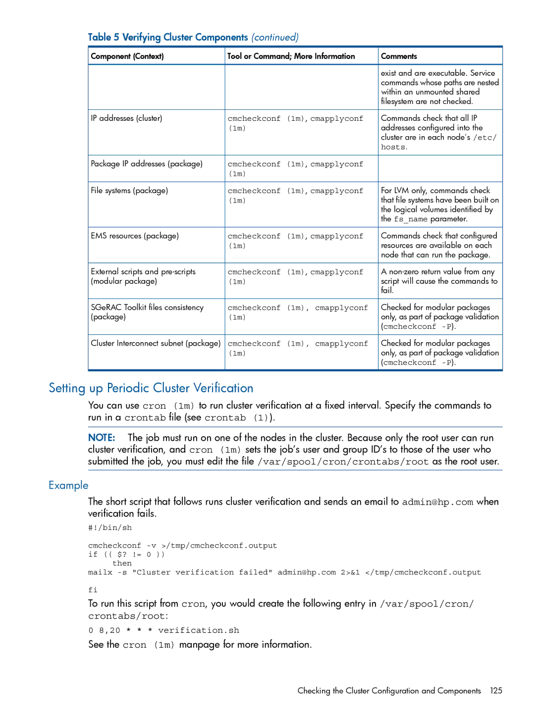 HP Serviceguard Extension for RAC (SGeRAC) manual Setting up Periodic Cluster Verification, Example 