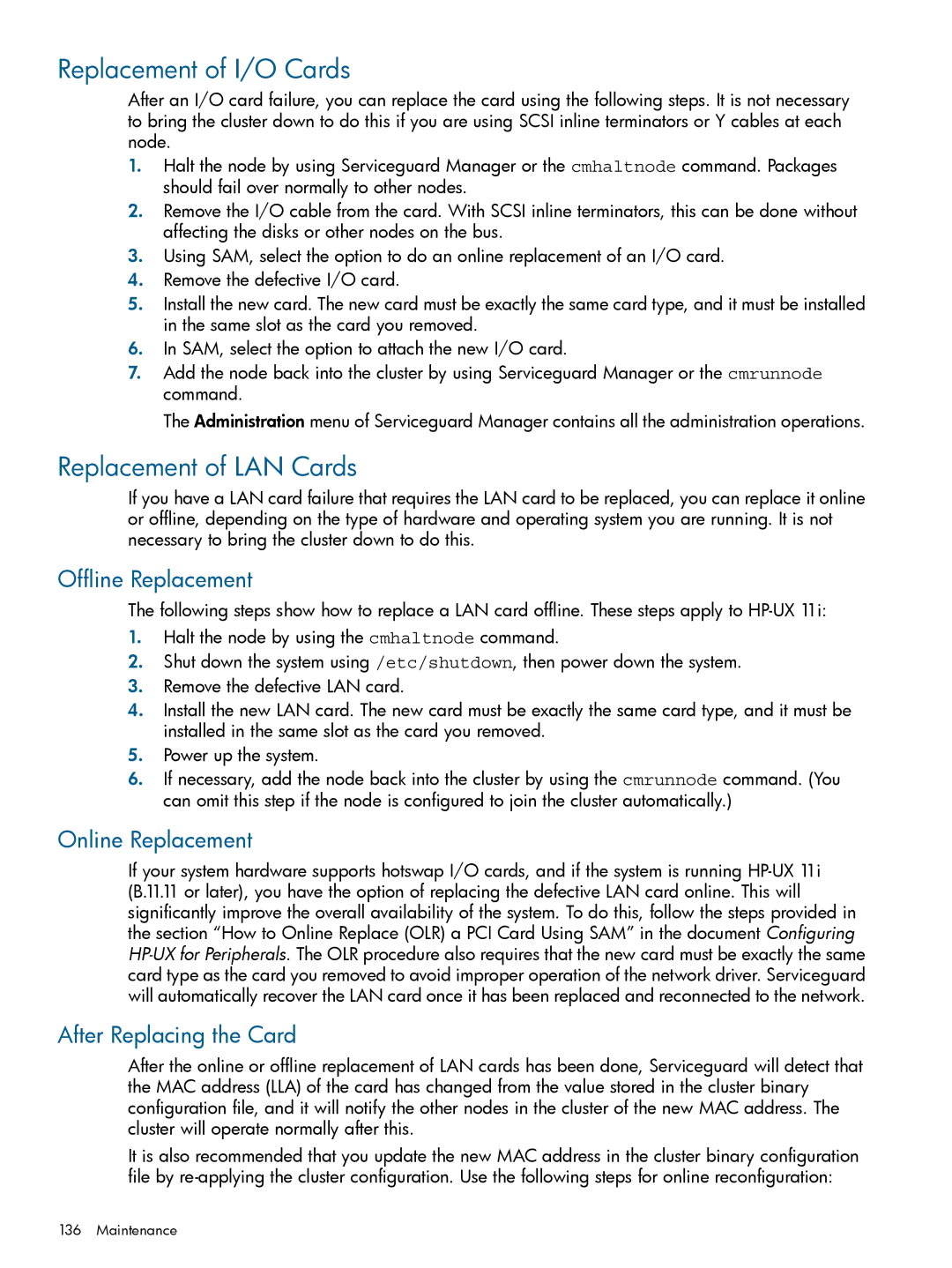 HP Serviceguard Extension for RAC (SGeRAC) manual Replacement of I/O Cards, Replacement of LAN Cards, Offline Replacement 