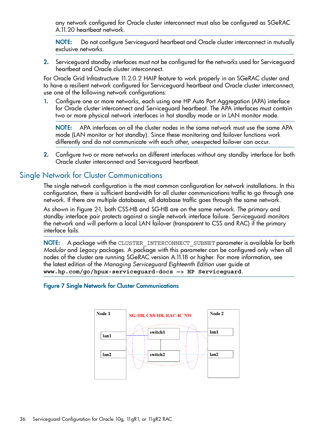 HP Serviceguard Extension for RAC (SGeRAC) manual Single Network for Cluster Communications 