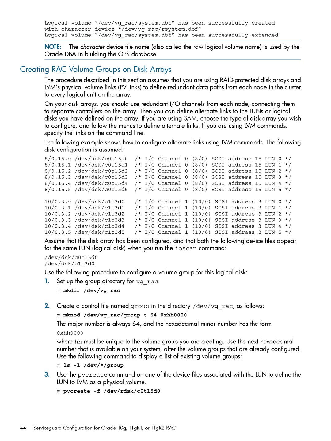 HP Serviceguard Extension for RAC (SGeRAC) manual Creating RAC Volume Groups on Disk Arrays 