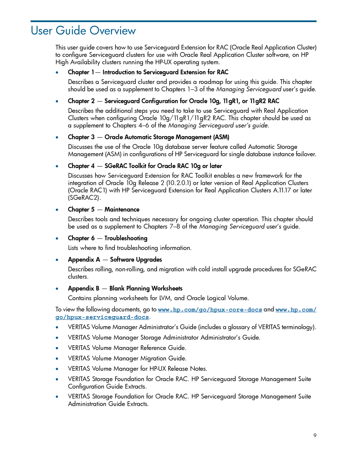 HP Serviceguard Extension for RAC (SGeRAC) manual User Guide Overview 