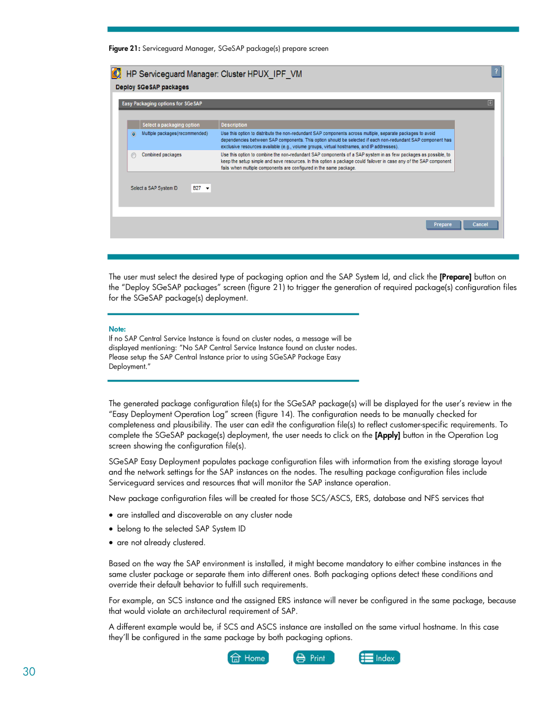 HP Serviceguard Extension for SAP (SGeSAP) manual Serviceguard Manager, SGeSAP packages prepare screen 