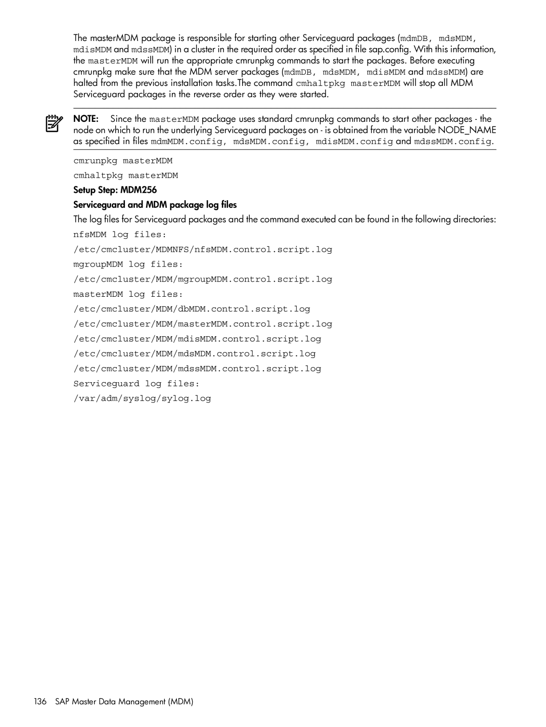 HP Serviceguard Extension for SAP (SGeSAP) manual Cmrunpkg masterMDM Cmhaltpkg masterMDM 