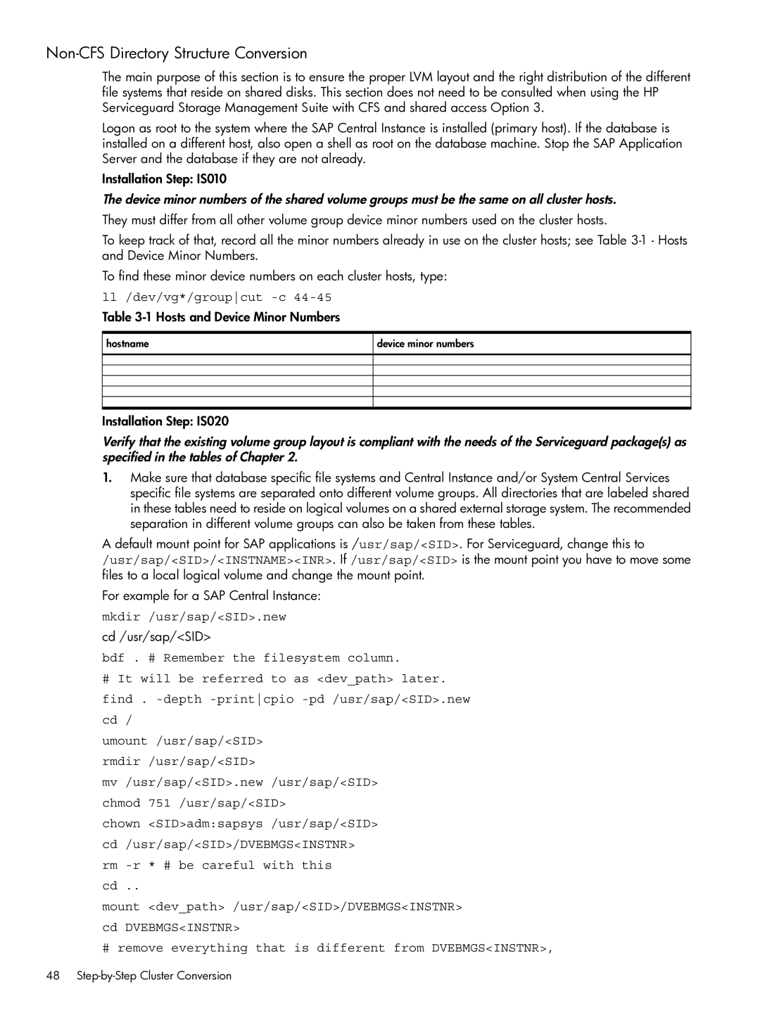 HP Serviceguard Extension for SAP (SGeSAP) manual Non-CFS Directory Structure Conversion, Mkdir /usr/sap/SID.new 