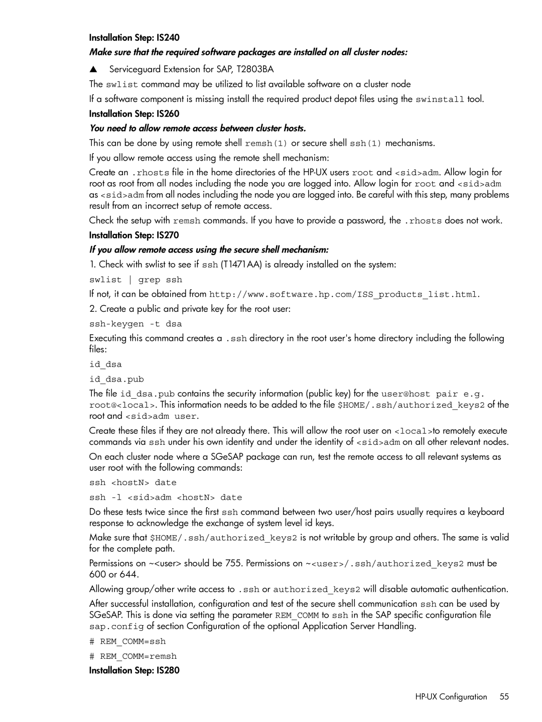 HP Serviceguard Extension for SAP (SGeSAP) manual Swlist grep ssh, Ssh-keygen -t dsa, Iddsa Iddsa.pub 