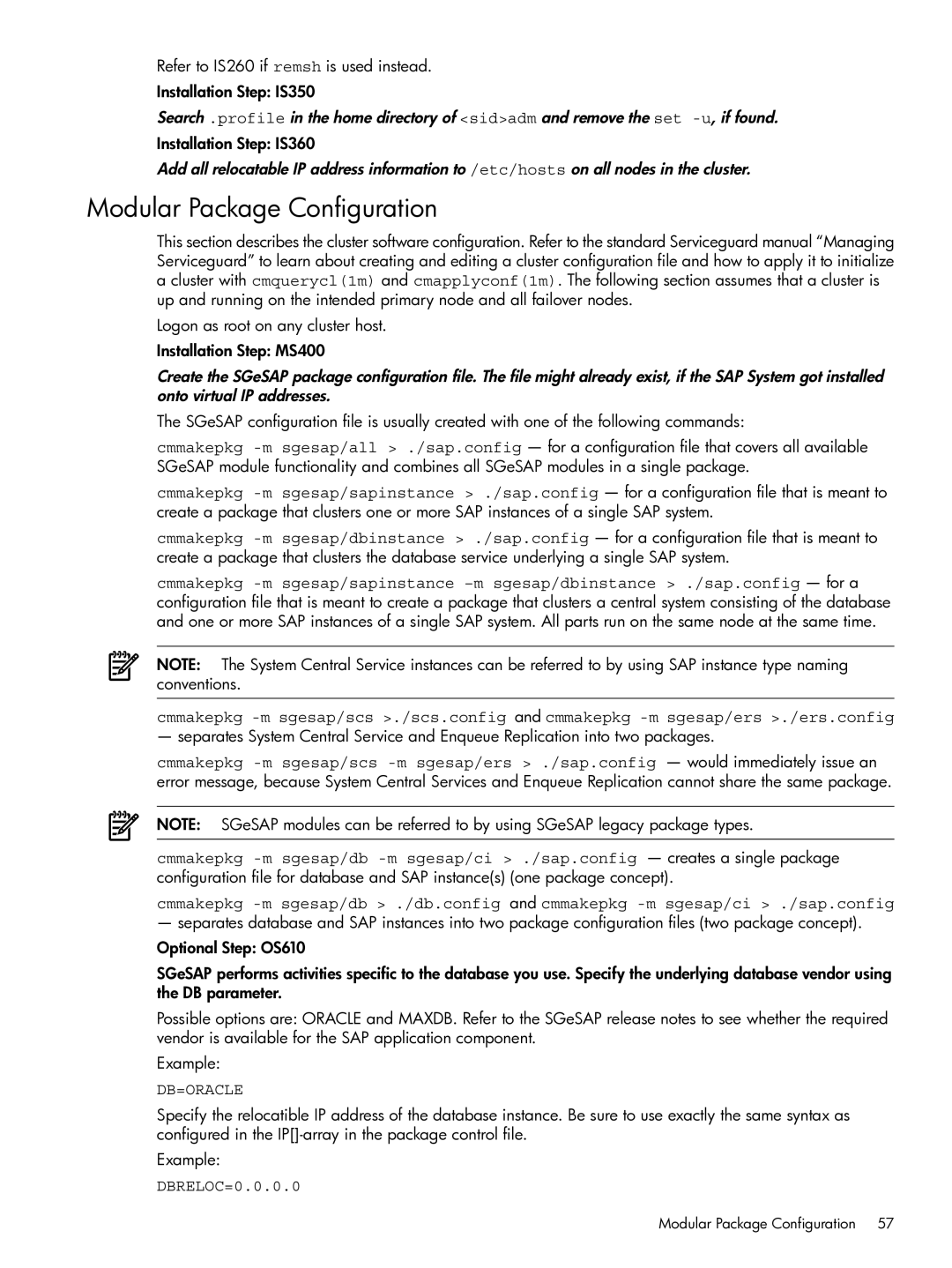 HP Serviceguard Extension for SAP (SGeSAP) manual Modular Package Configuration, Db=Oracle, DBRELOC=0.0.0.0 